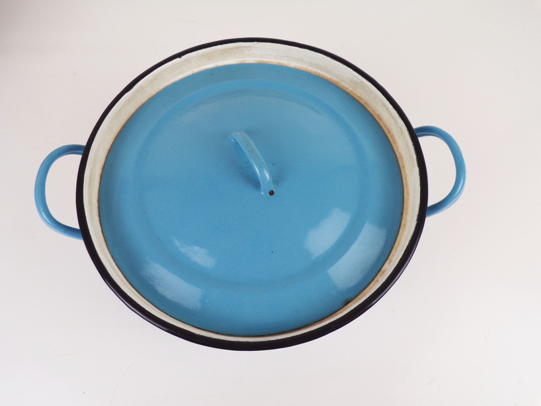 Alter Email Kochtopf blau weiß Deckel Topf Gartendeko Pflanzgefäß Shabby