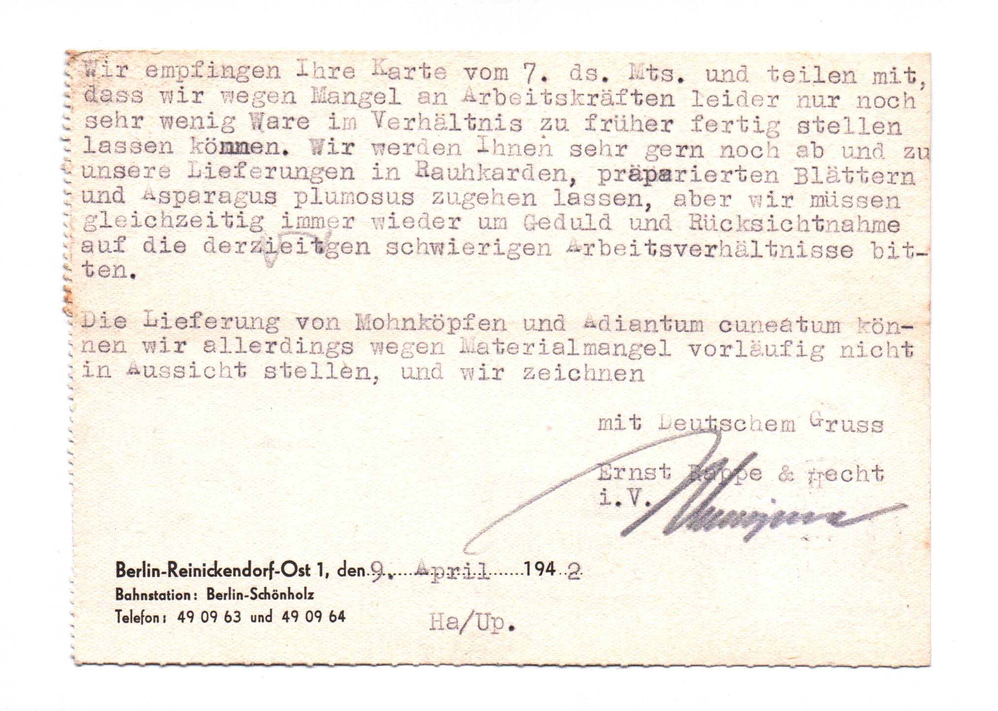 Postkarte Fabriken künstliche Blumen Berlin Reinickendorf 1942 Postkarte Fabriken künstliche Blumen Berlin Reinickendorf 1942