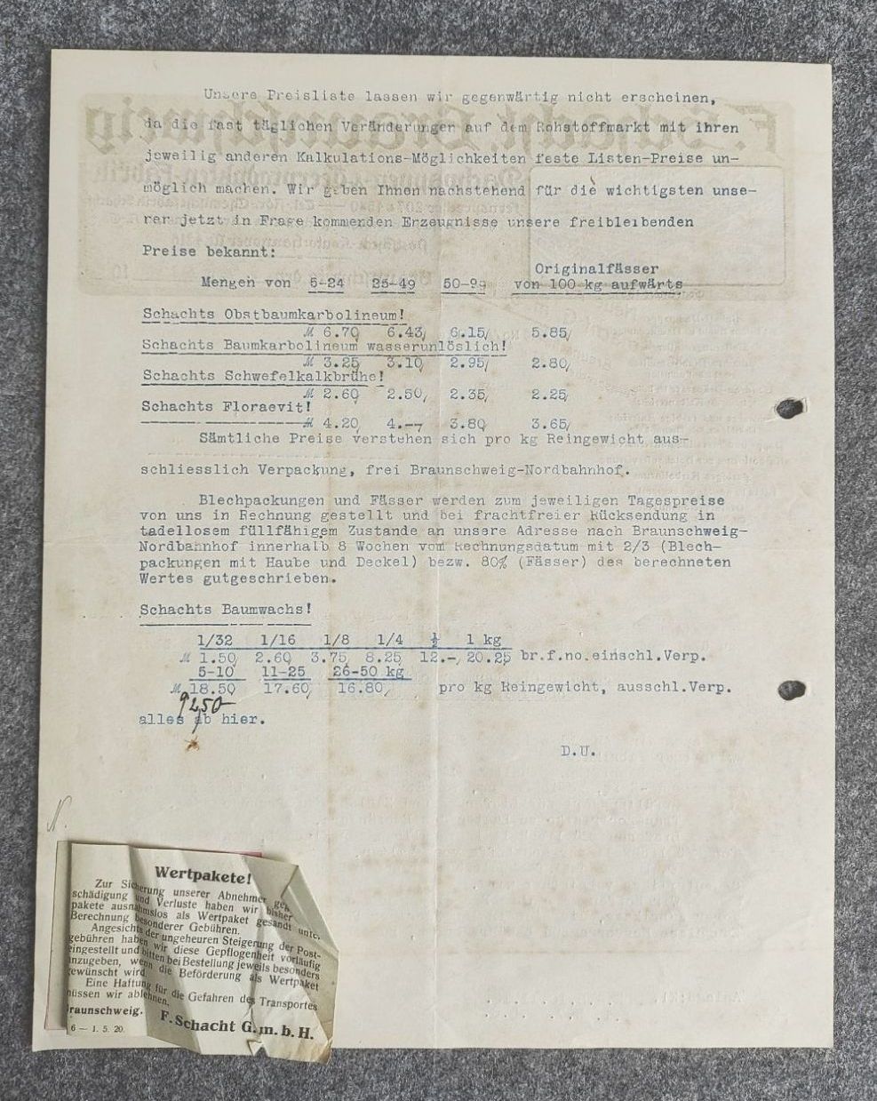 Schacht Braunschweig Dachpappen Teerprodukte Fabrik Dokument 1920 Schacht Braunschweig Dachpappen Teerprodukte Fabrik Dokument 1920