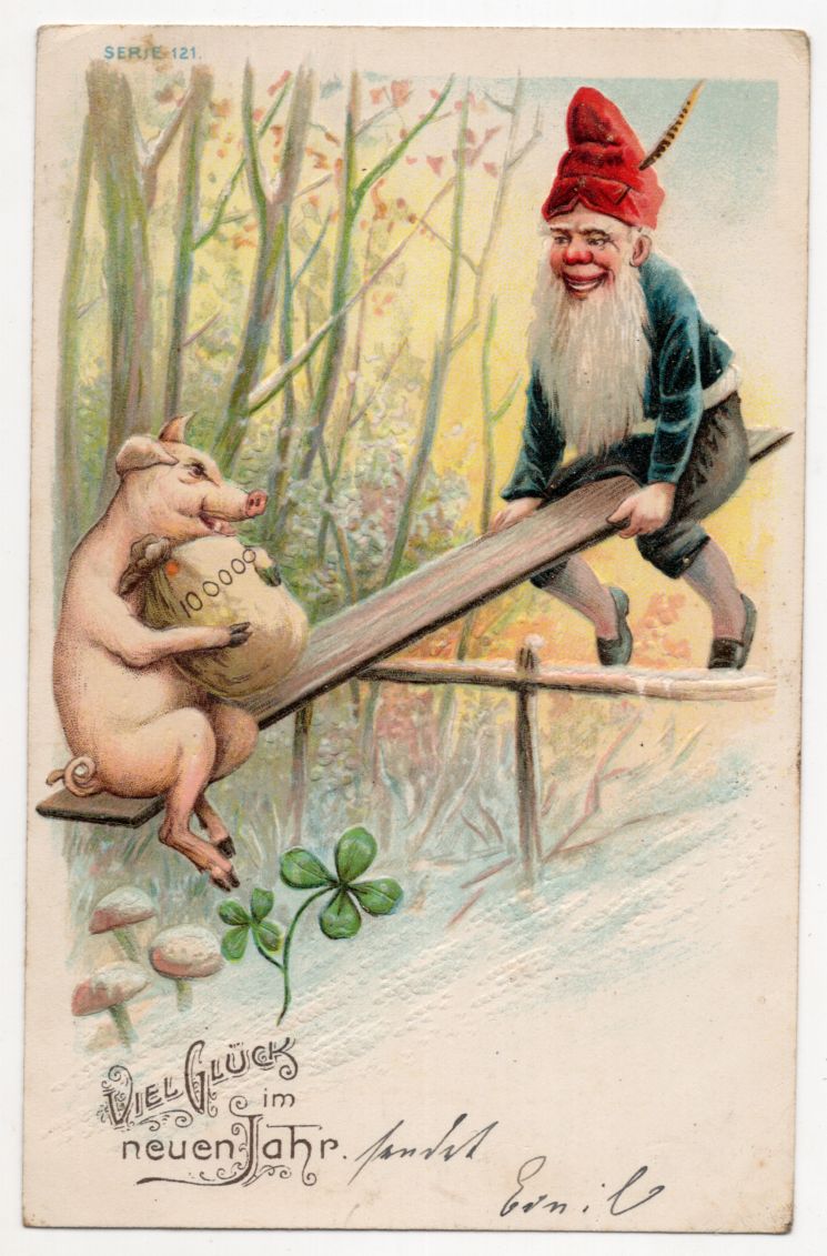 Litho Ak Zwerg Wichtel mit Schwein auf Wippe Neujahr Geldsack geprägt