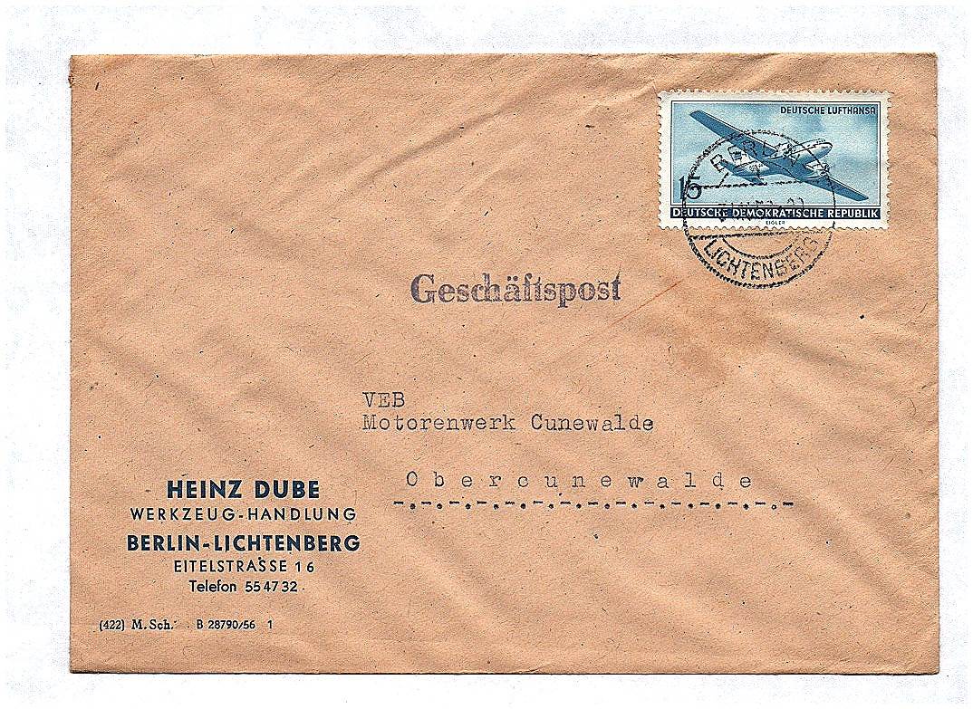 Geschäftspost Werkzeug Handlung Berlin an VEB Motorenwerk Cunewalde ca 1952