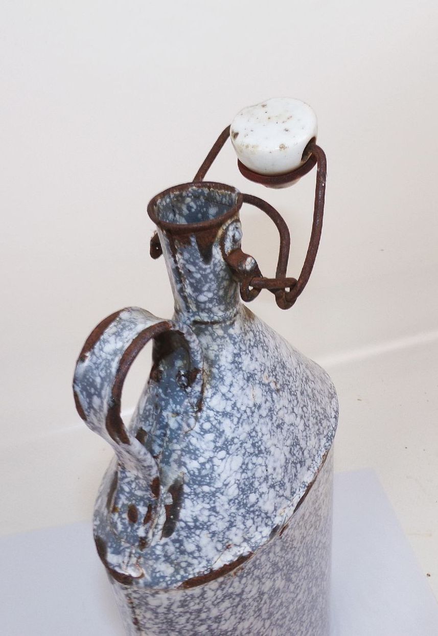 Alte Emaille Trinkflasche Flasche Verschluss Weiss Grau Vintage 