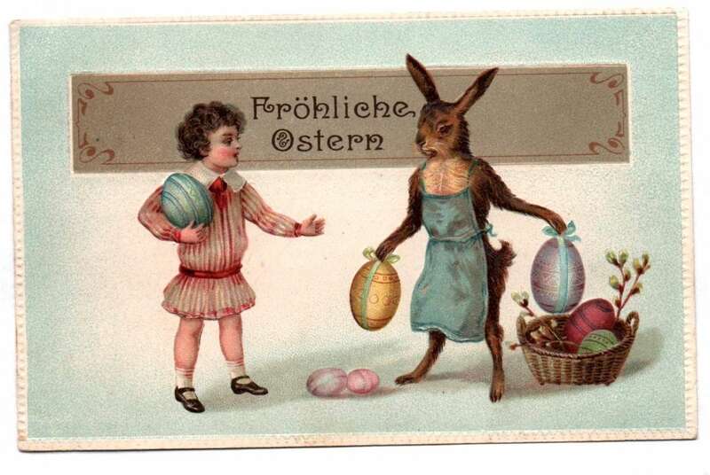 Ak Kind mit Osterhasen und Eier Ostern geprägt 1918