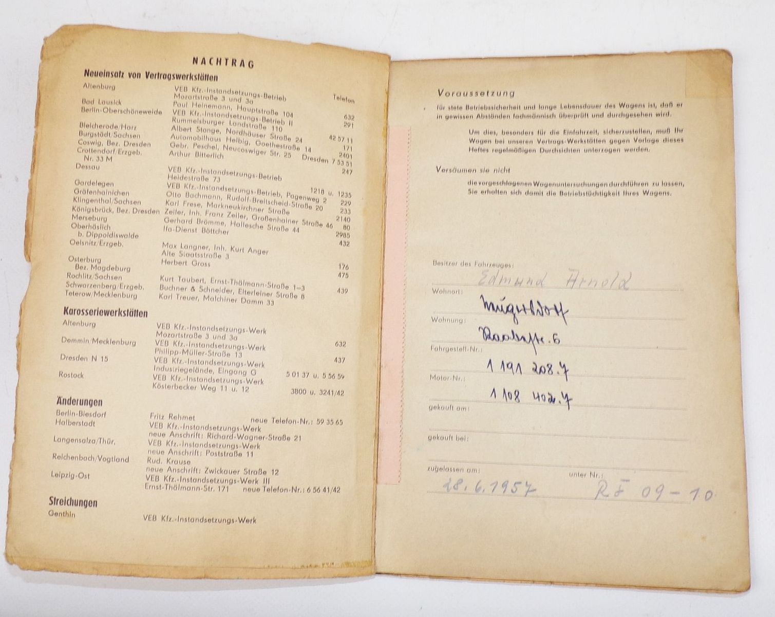 Kundendienstheft Wartburg Personen Kraftwagen 1957 PKW Oldtimer