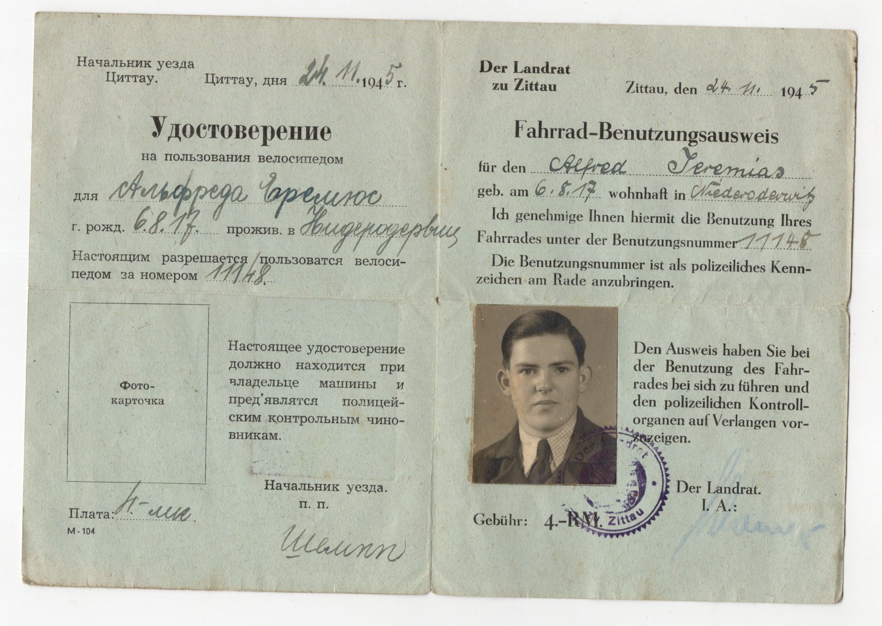 Ausweis Fahrrad Benutzungsausweis Zittau 1945 