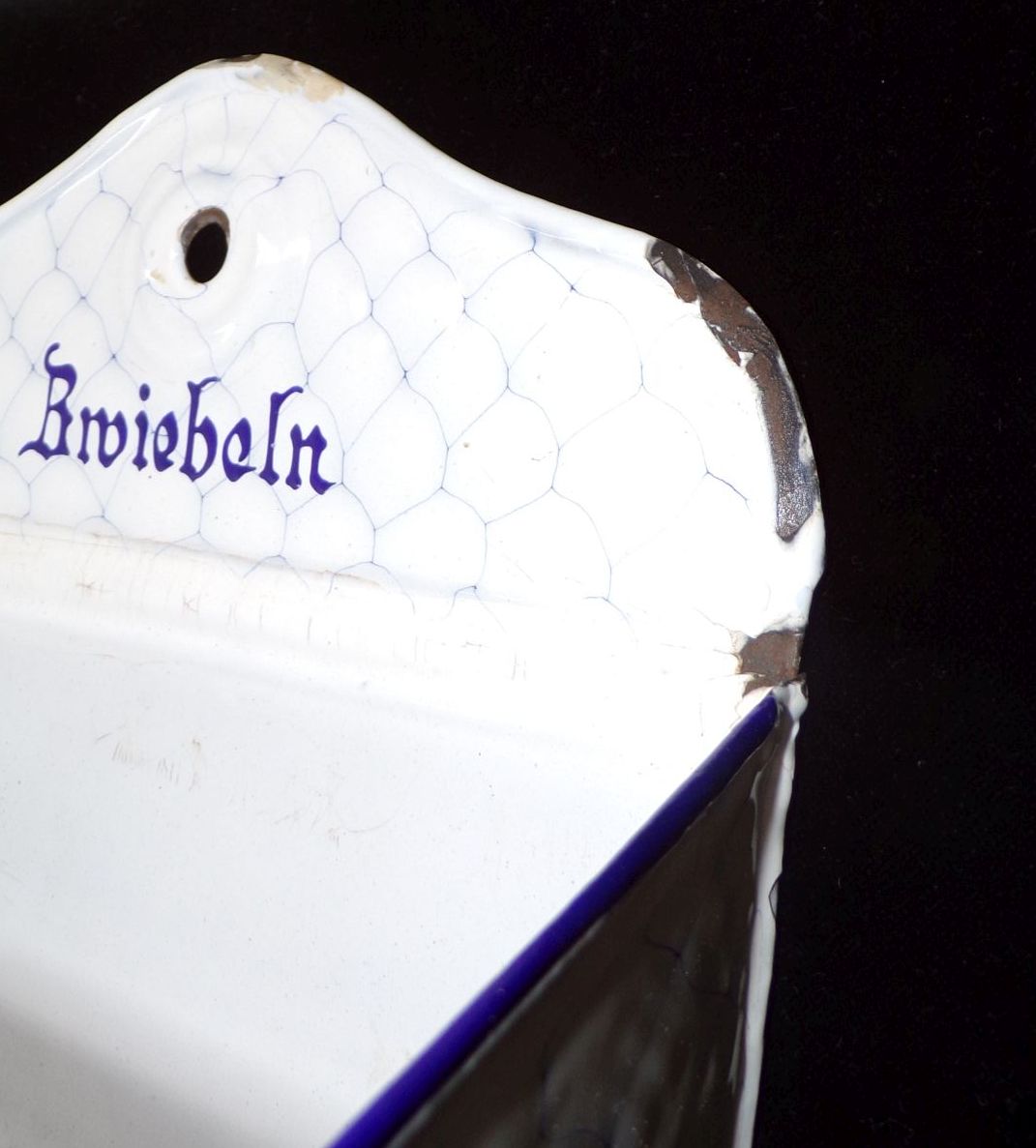 Alter Email Zwiebelbehälter Wabenmuster Netzdekor Blau Weiß Vintage