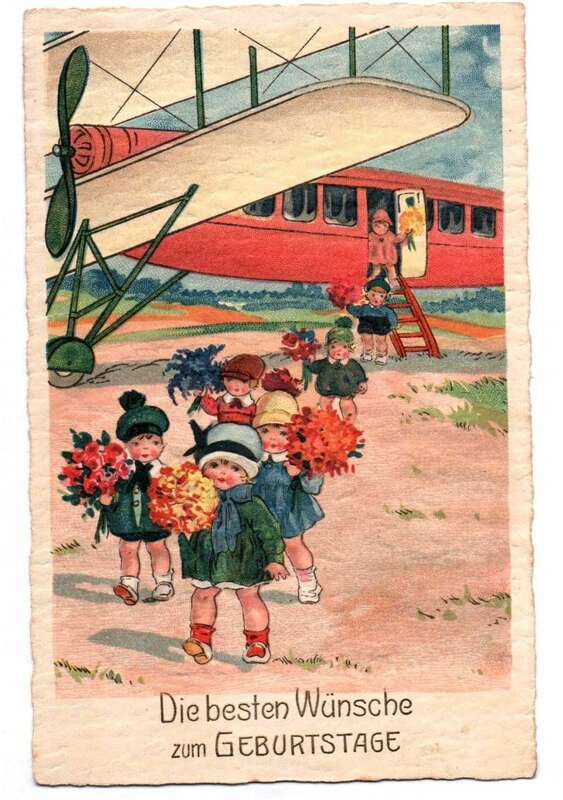Künstler Postkarte Kinder mit Flugzeug Geburtstag Glückwunsch 