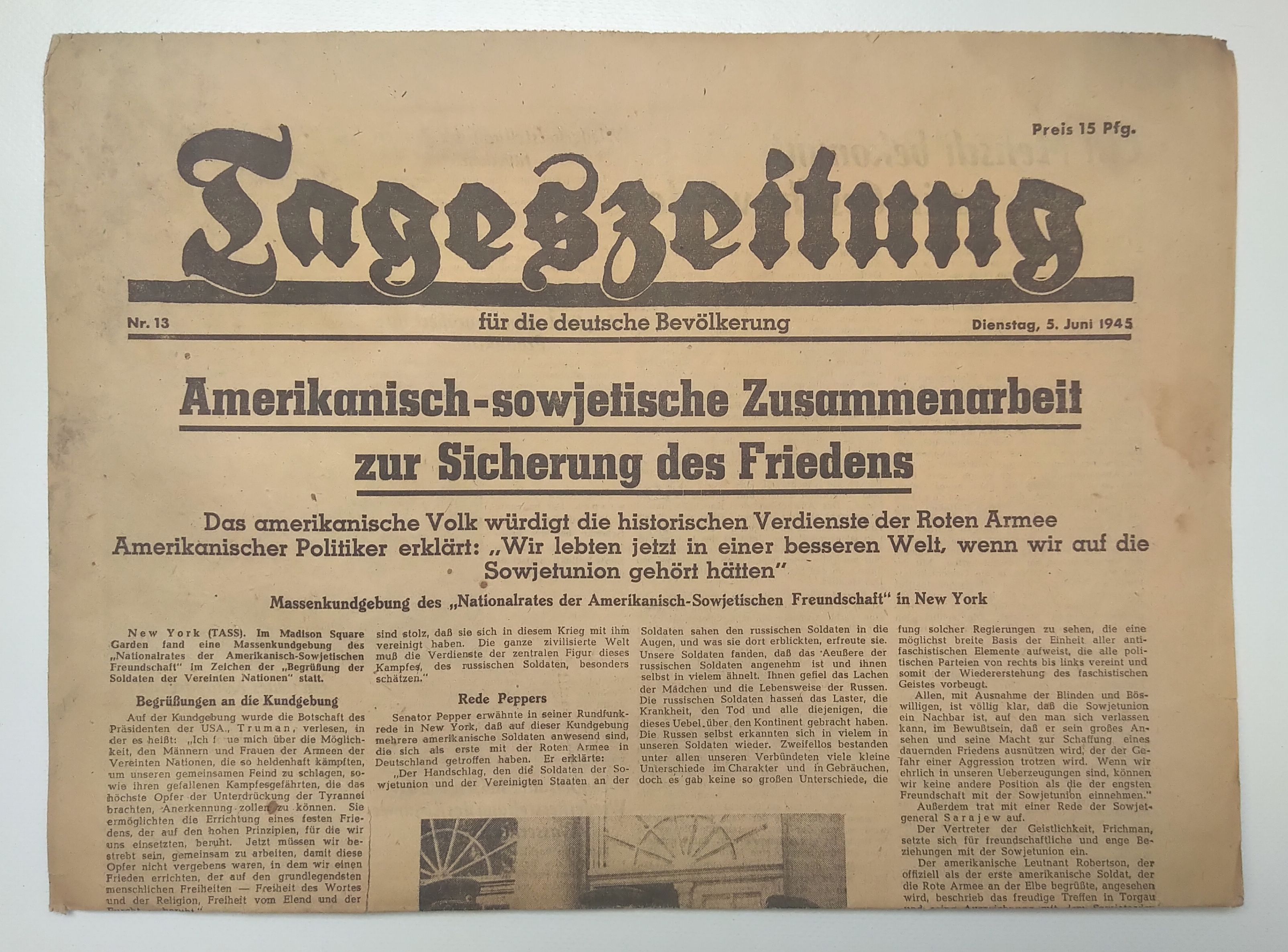 Tageszeitung Amerika Sowjetunion 1945 Nr 13 alte Zeitung