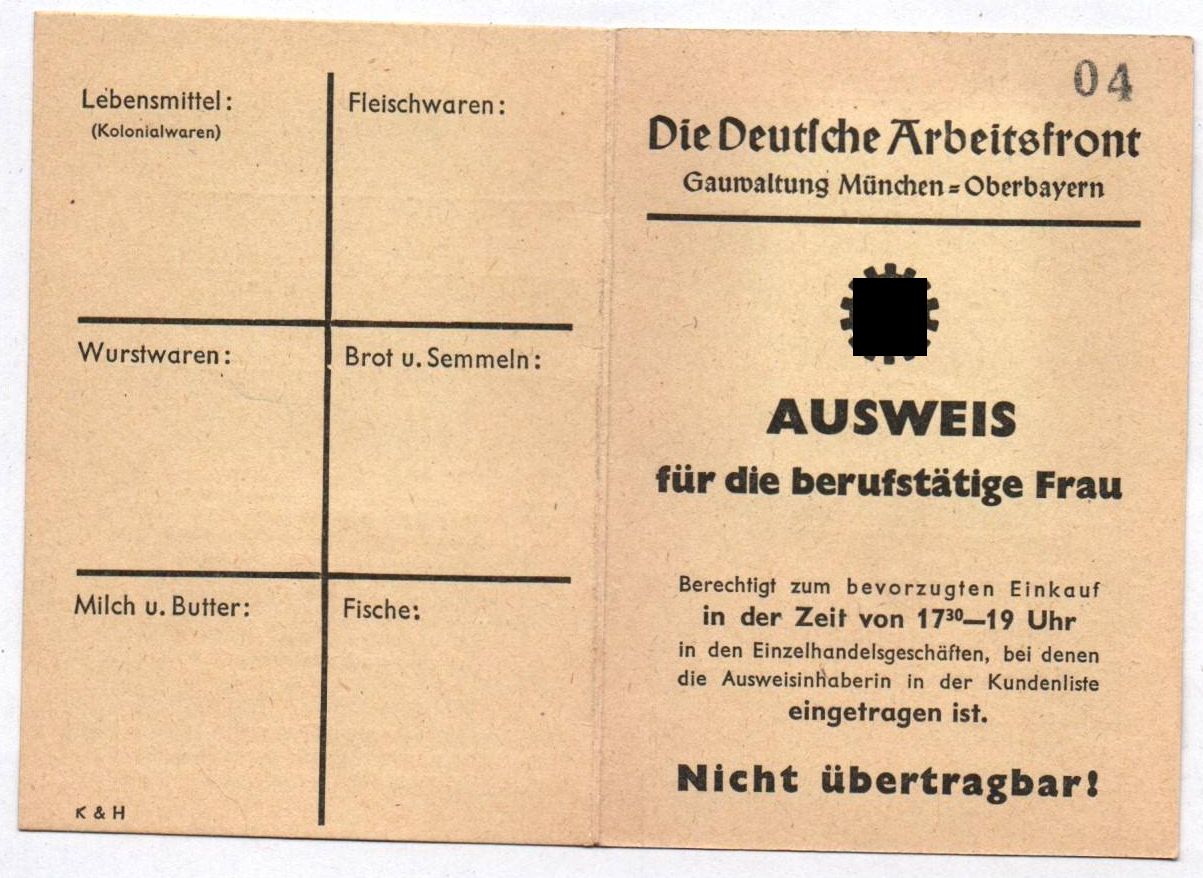 Ausweis berufstätige Frau Trockenplattenfabrik München Deutsche Arbeitsfront 2 Wk
