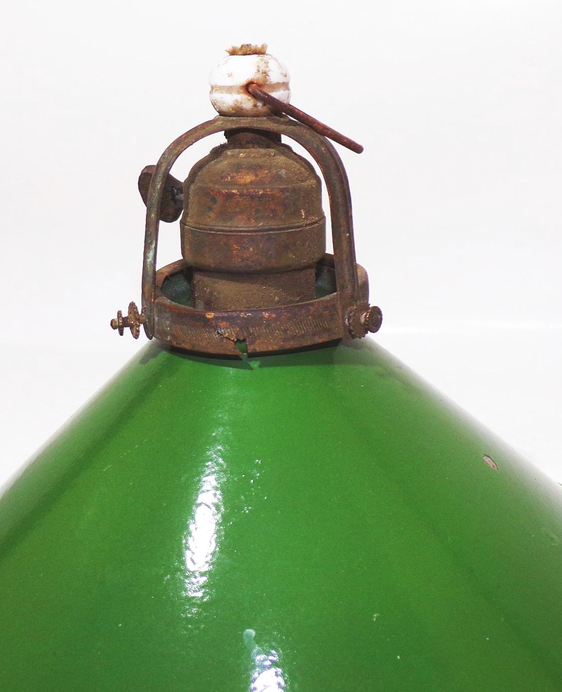 Alte Emaille Deckenlampe Kegel E27 Grün Weiss Hängelampe Leuchte
