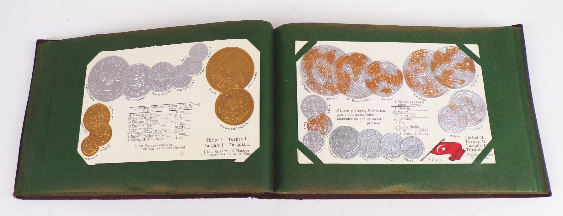 Geldsorten aller Länder Postkartenalbum Geld Münz Ansichtskarten um 1910 Rarität 45 Präge Ansichtskarten