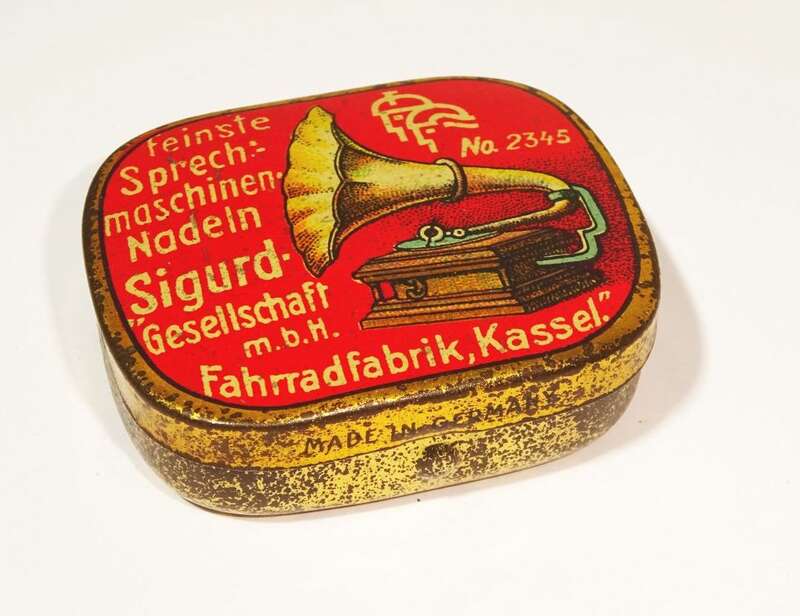 Alte Sigurd Nadeldose Grammophon Nadeln needles Fahrradfabrik Kassel Blechdose 