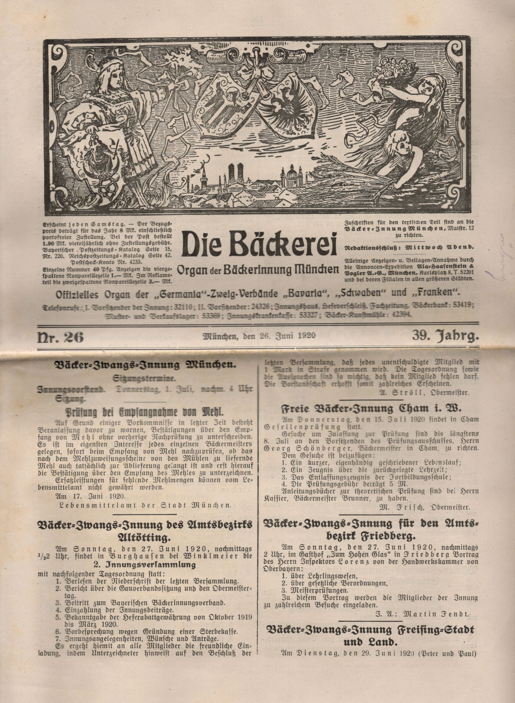 Alte Zeitung Die Bäckerei Nr 26 Juni 1920 Bäckerinnung München