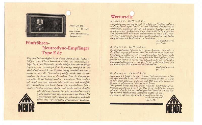 Faltblatt Mende Radio Fünfröhren Neutrodyne - Empfänger Type E67 ca. 1930er 