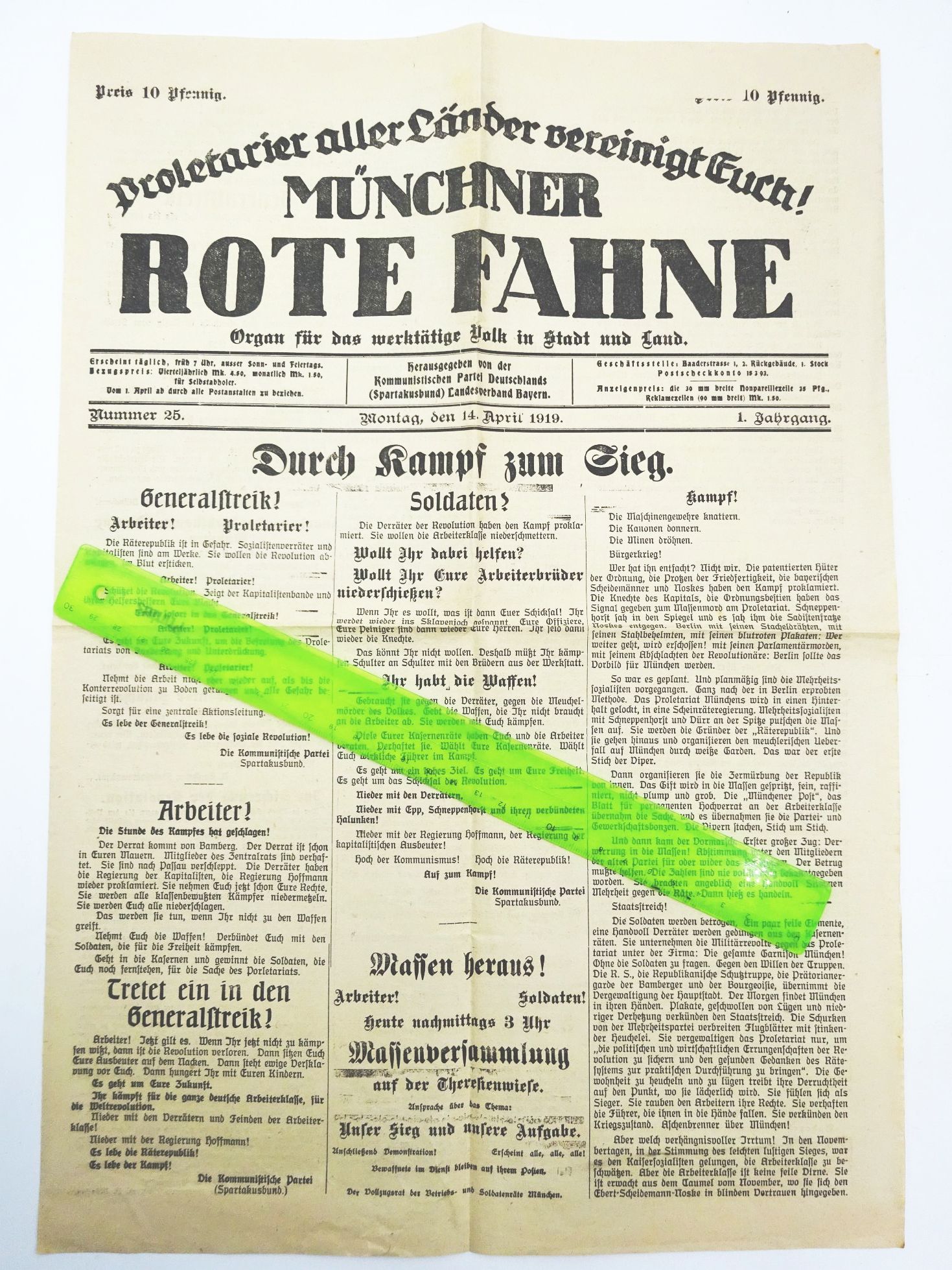Zeitung Münchner Rote Fahne 1919 Durch Kampf zum Sieg