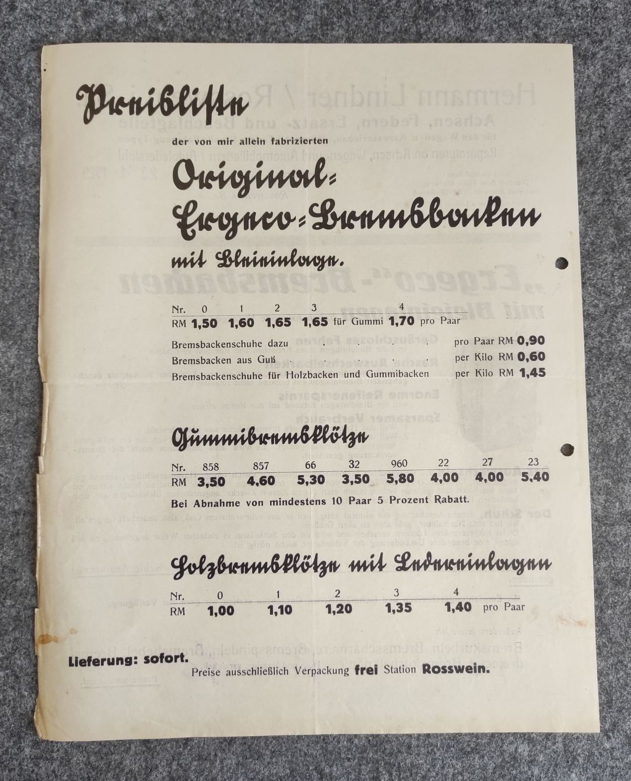 Prospekt Hermann Lindner Rosswein Ergeco Bremsbacken 1929 Prospekt Hermann Lindner Rosswein Ergeco Bremsbacken 1929