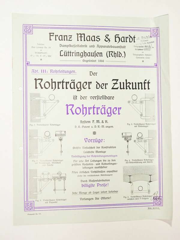 Franz Maas u Hardt Lüttringhausen Rohrträger Reklame Blatt um 1910