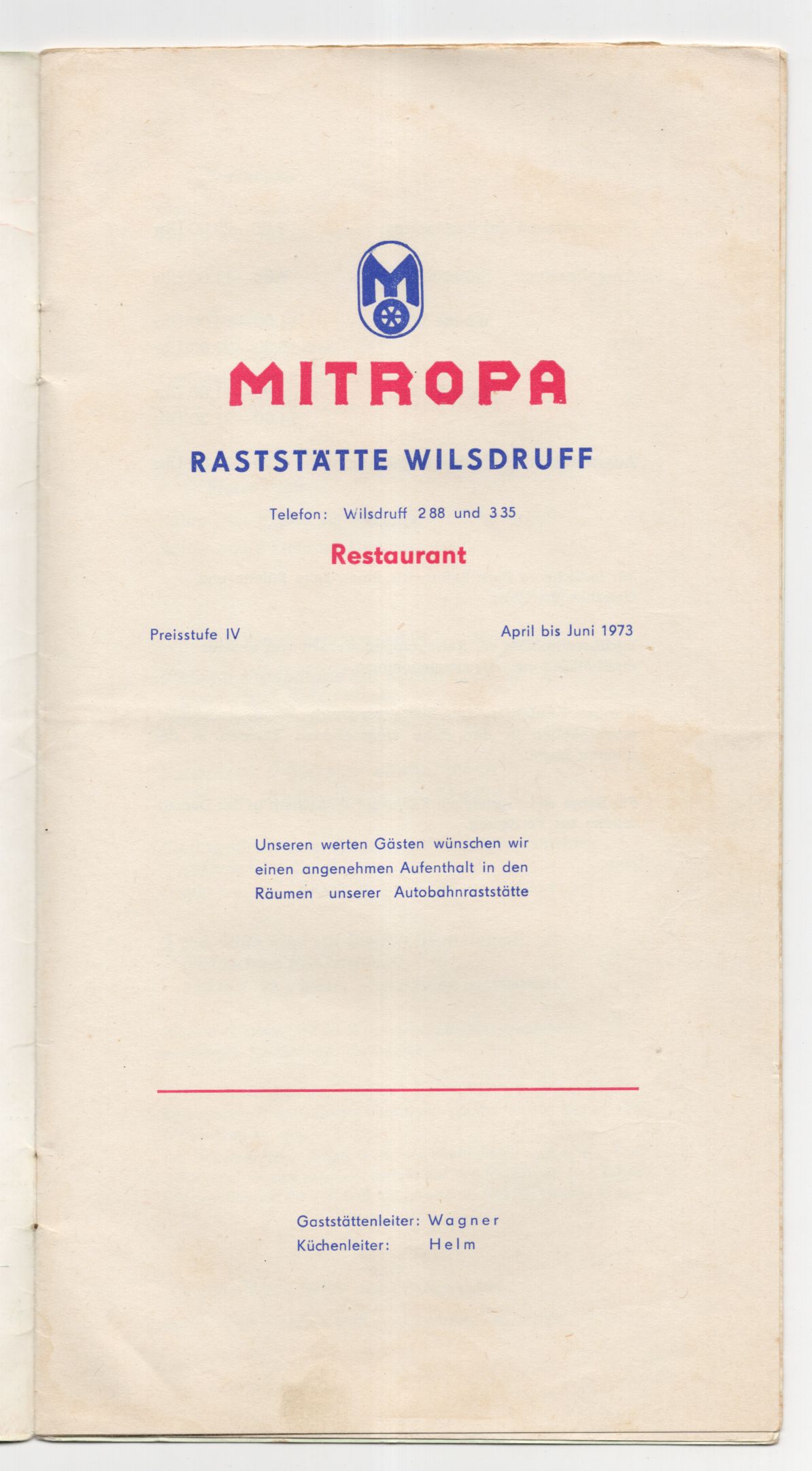 Alte Mitropa Speisekarte Autobahn Raststätte Wilsdruff 1973 DDR Alte Mitropa Speisekarte Autobahn Raststätte Wilsdruff 1973 DDR