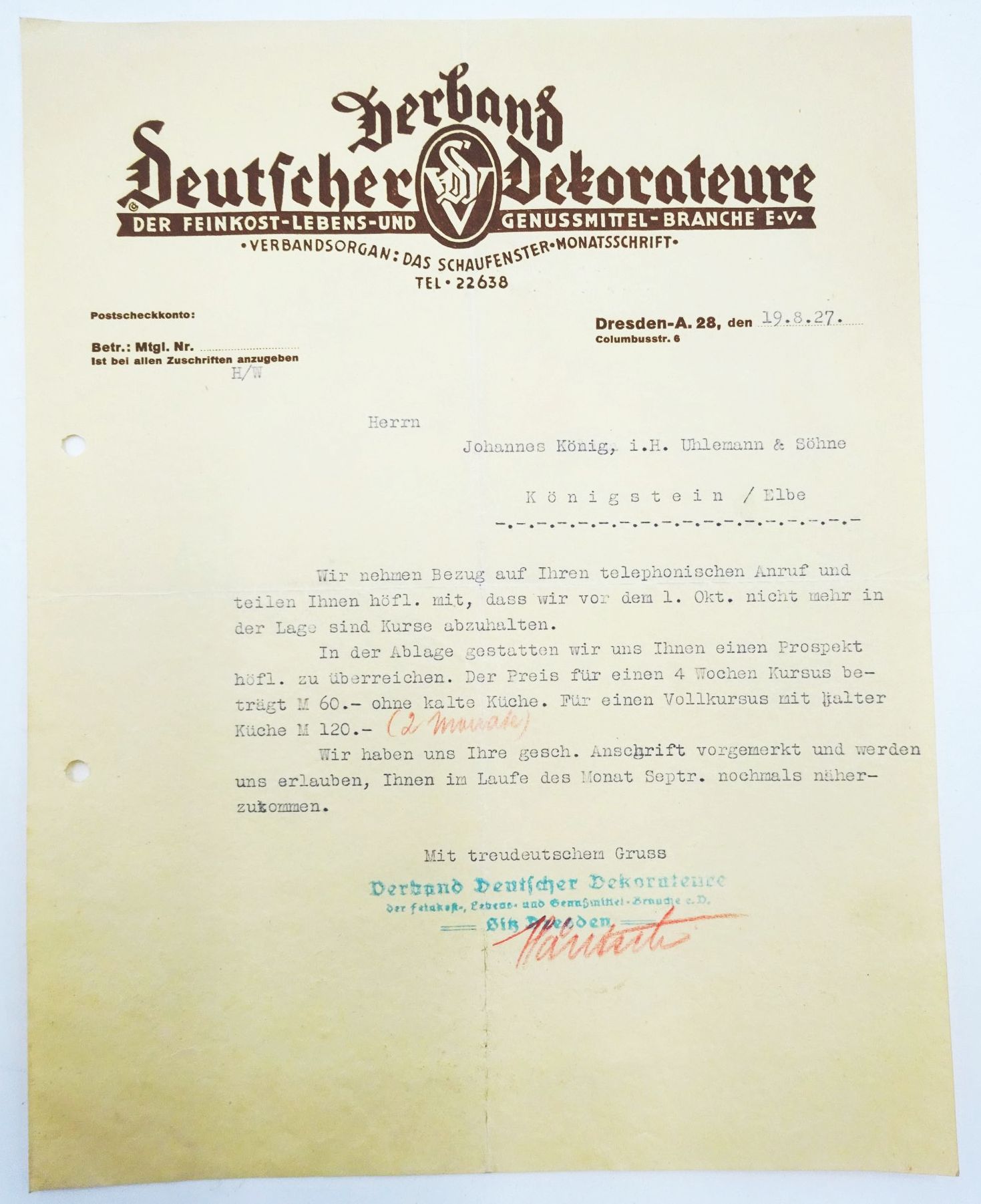 Briefkopf Verband Deutscher Dekorateure Dresden 1927