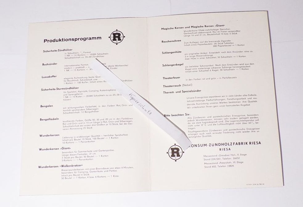 Prospekt Konsum Zündwarenfabrik Riesa 1962 Produktionsprogramm Streichhölzer