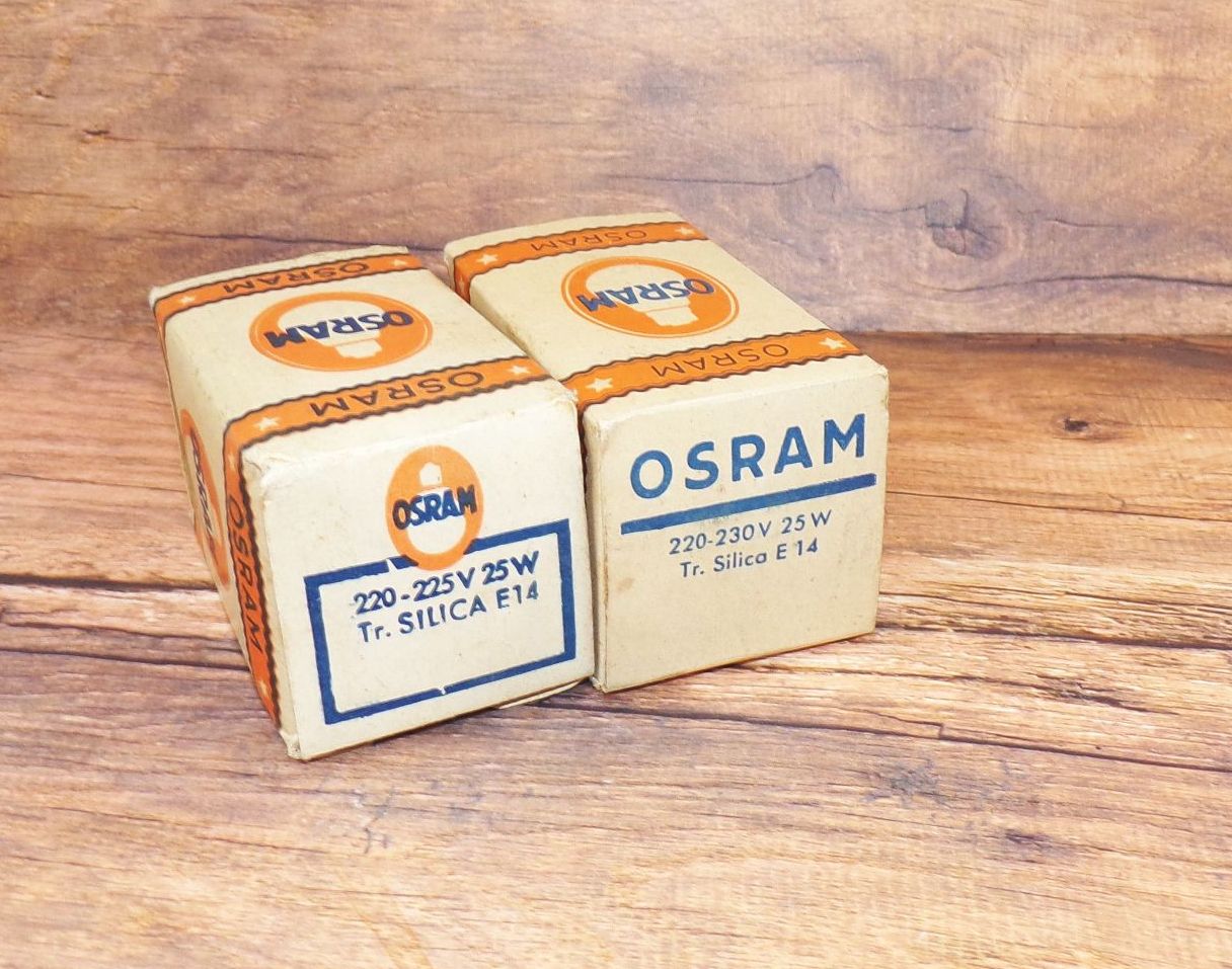 Alte Osram Glühlampe 25 Watt Silica Weiss E14 mit Originalkarton 2 Stück