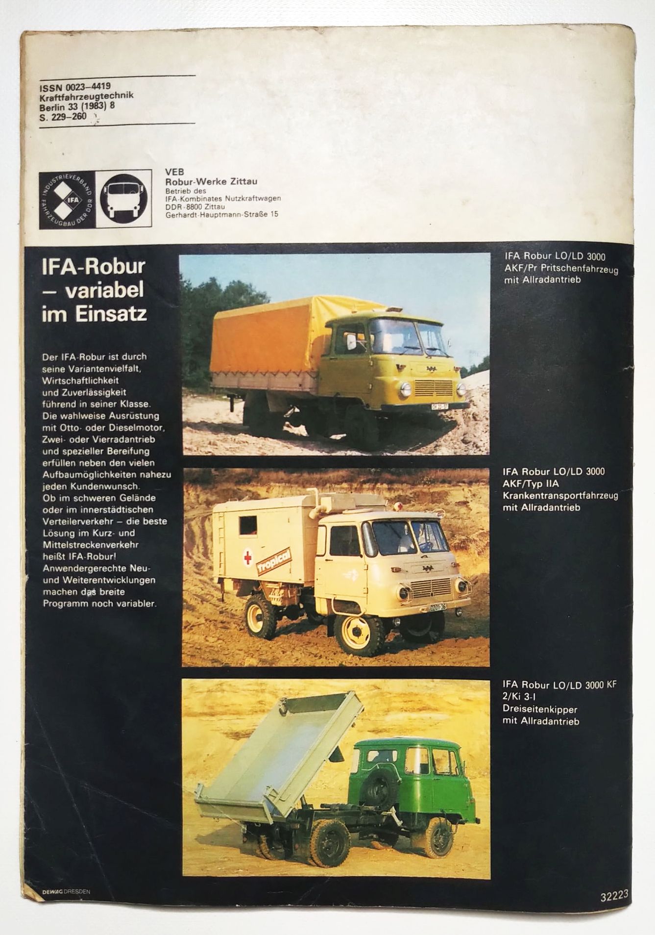 KFT Zeitschrift Nr 8 ROBUR LO LD3000 DDR Kraftfahrzeugtechnik 1983