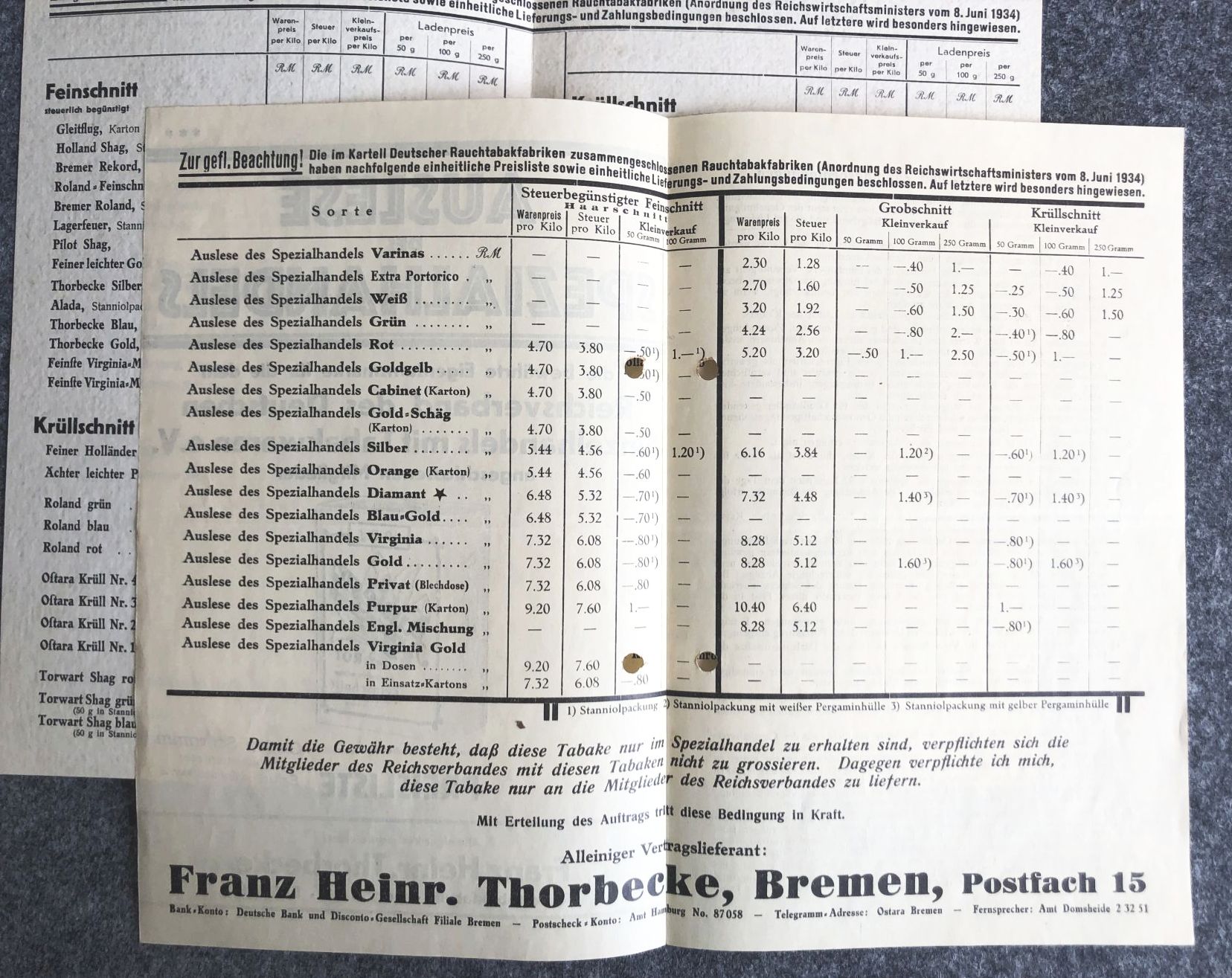 Prospekt Franz Heinrich Thorbecke Rauchtabakfabrik Preisliste