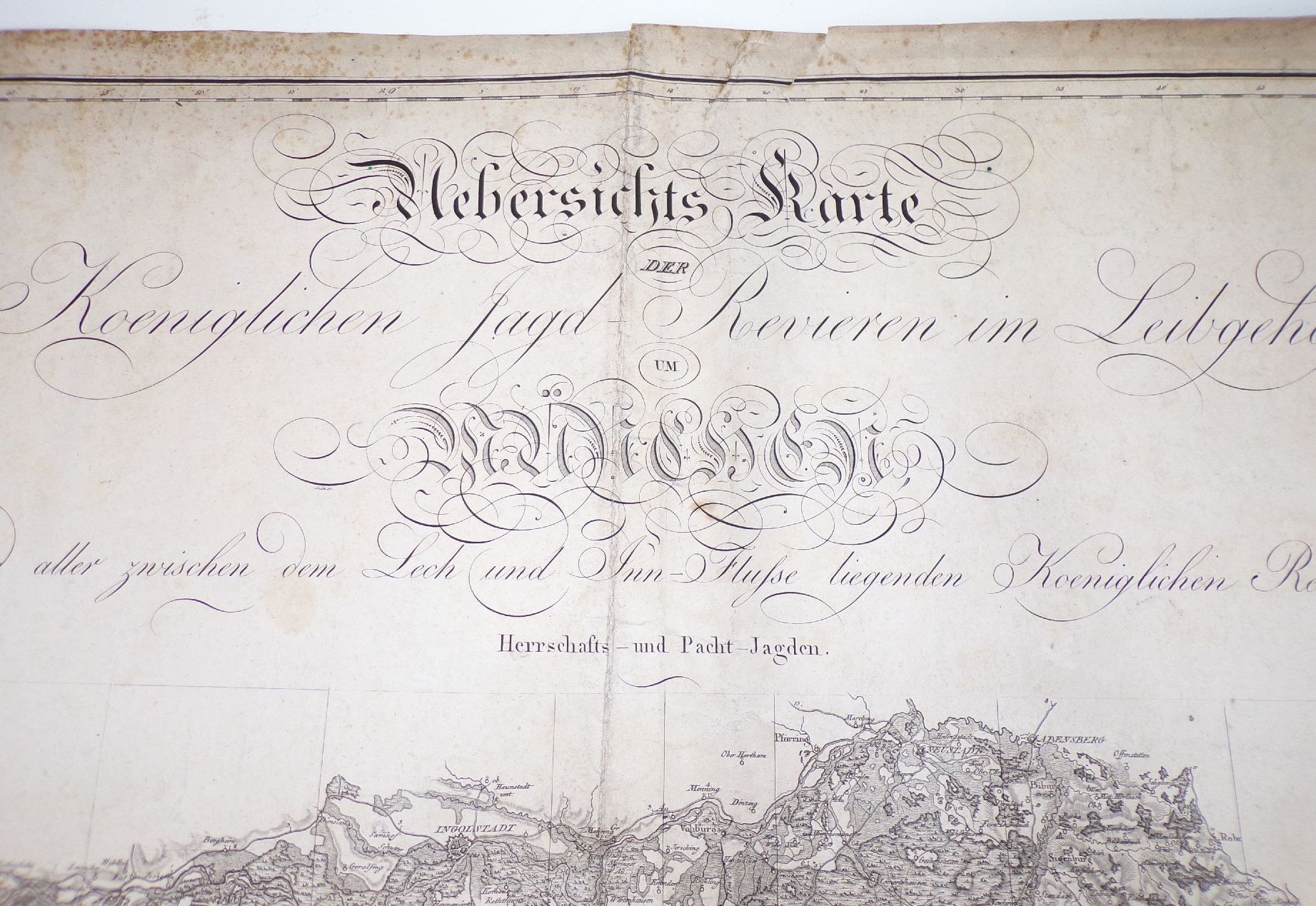 Übersichtskarte kgl Jagd Reviere im Leibgehege Münsingen Bayern um 1840 Karte