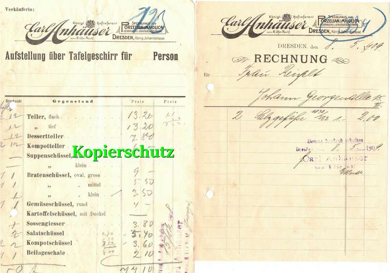 Lot 4 Rechnungen Litho Carl Anhäuser Porzellan Majolica Dresden 1908 !
