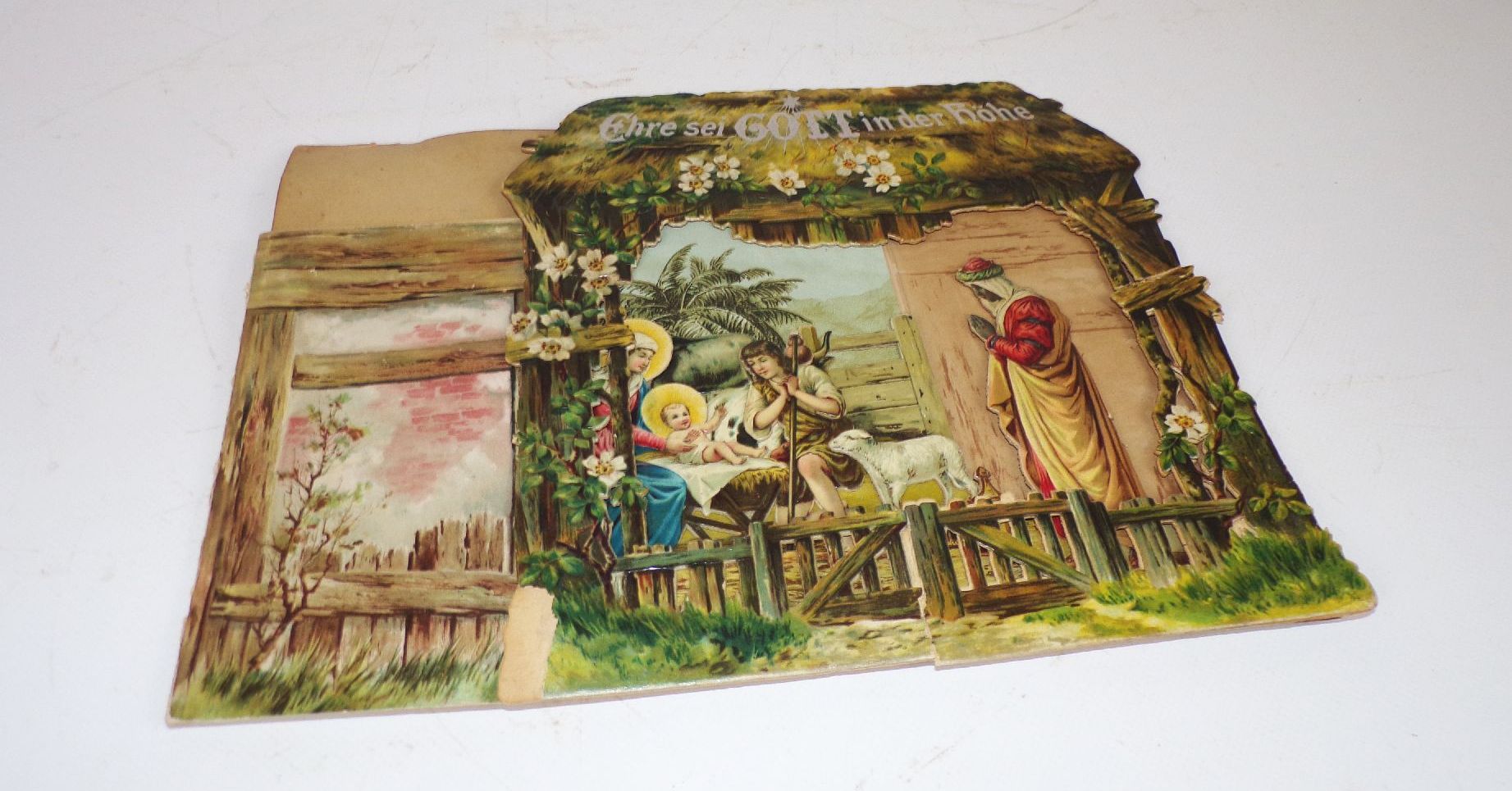 Alte Krippe aus Papier um 1900 lithografierte Weihnachtskrippe 