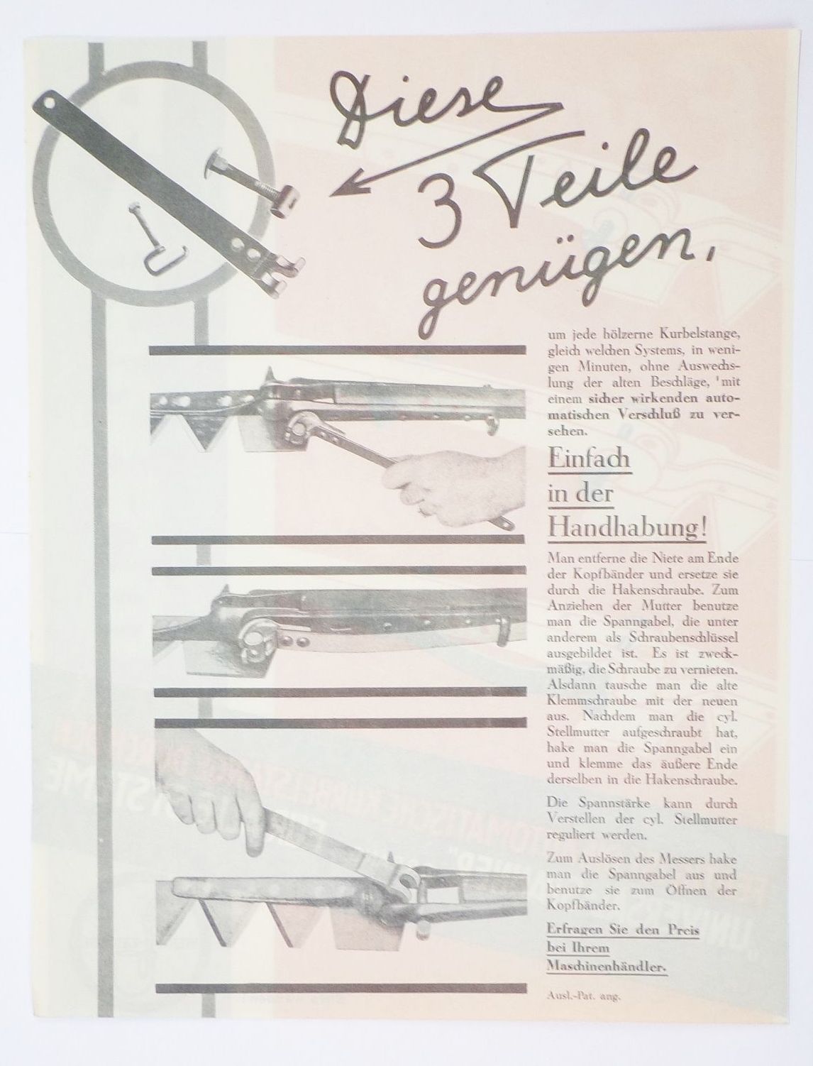 Werbe Druck Universal Spanner Rasspe Balkenmäher 1930er 