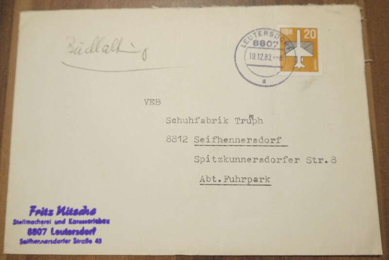 Firmenbrief DDR Fritz Nitsche Stellmacherei und Karosseriebau 1983