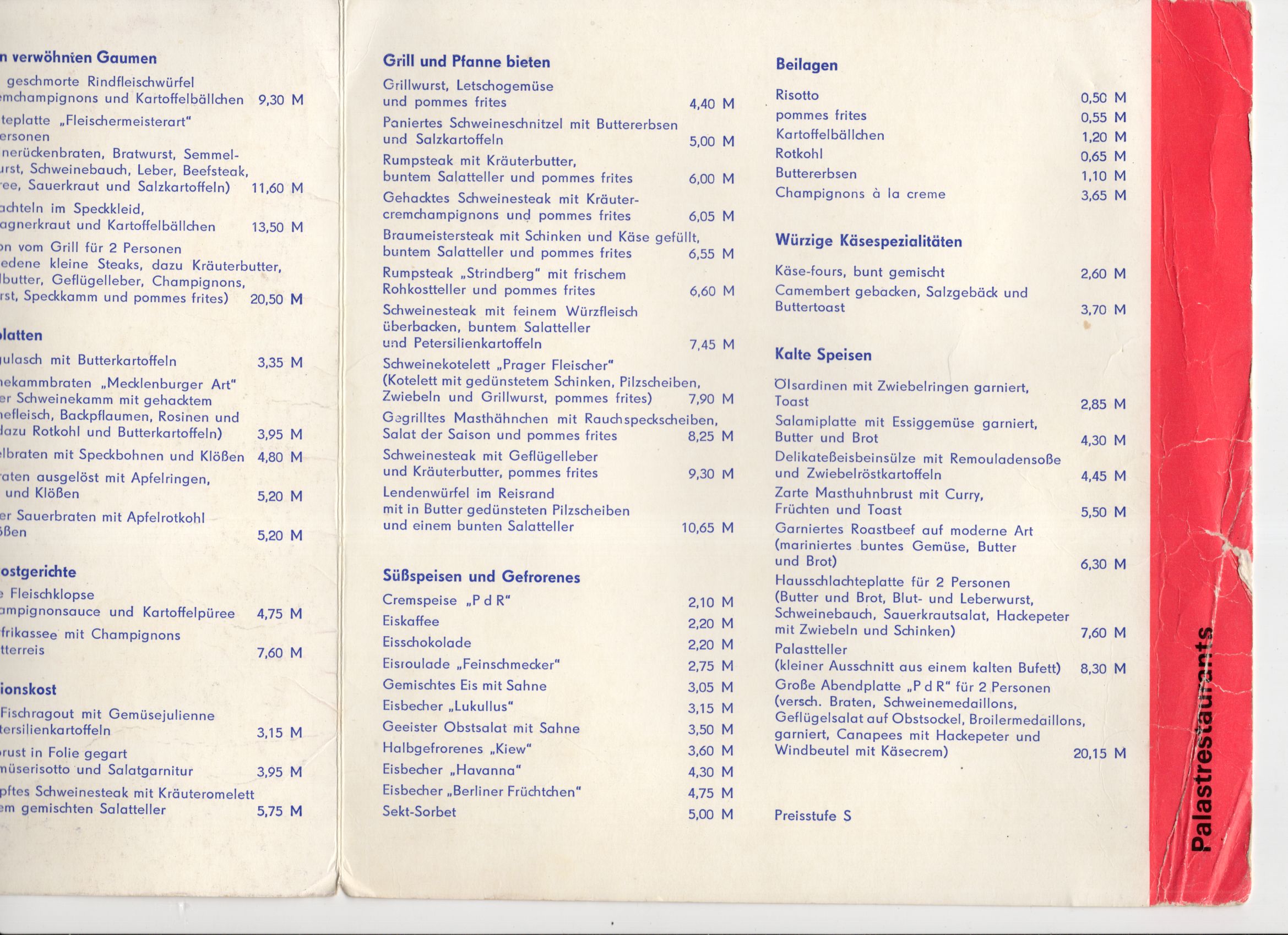 Alte Speisekarte Palast der Republik Palastrestaurant DDR Alte Speisekarte Palast der Republik Palastrestaurant DDR