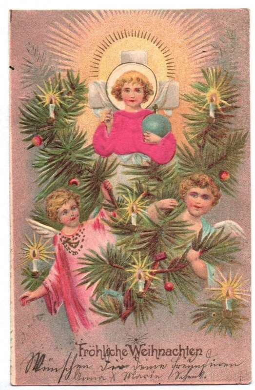 Postkarte mit Seide Jesuskind Engel Kerzenschein Weihnachten 1903