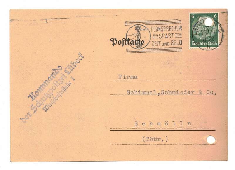 Postkarte Polizei Präsident Stempel Kommando der Schutzpolizei Lübeck 1937 