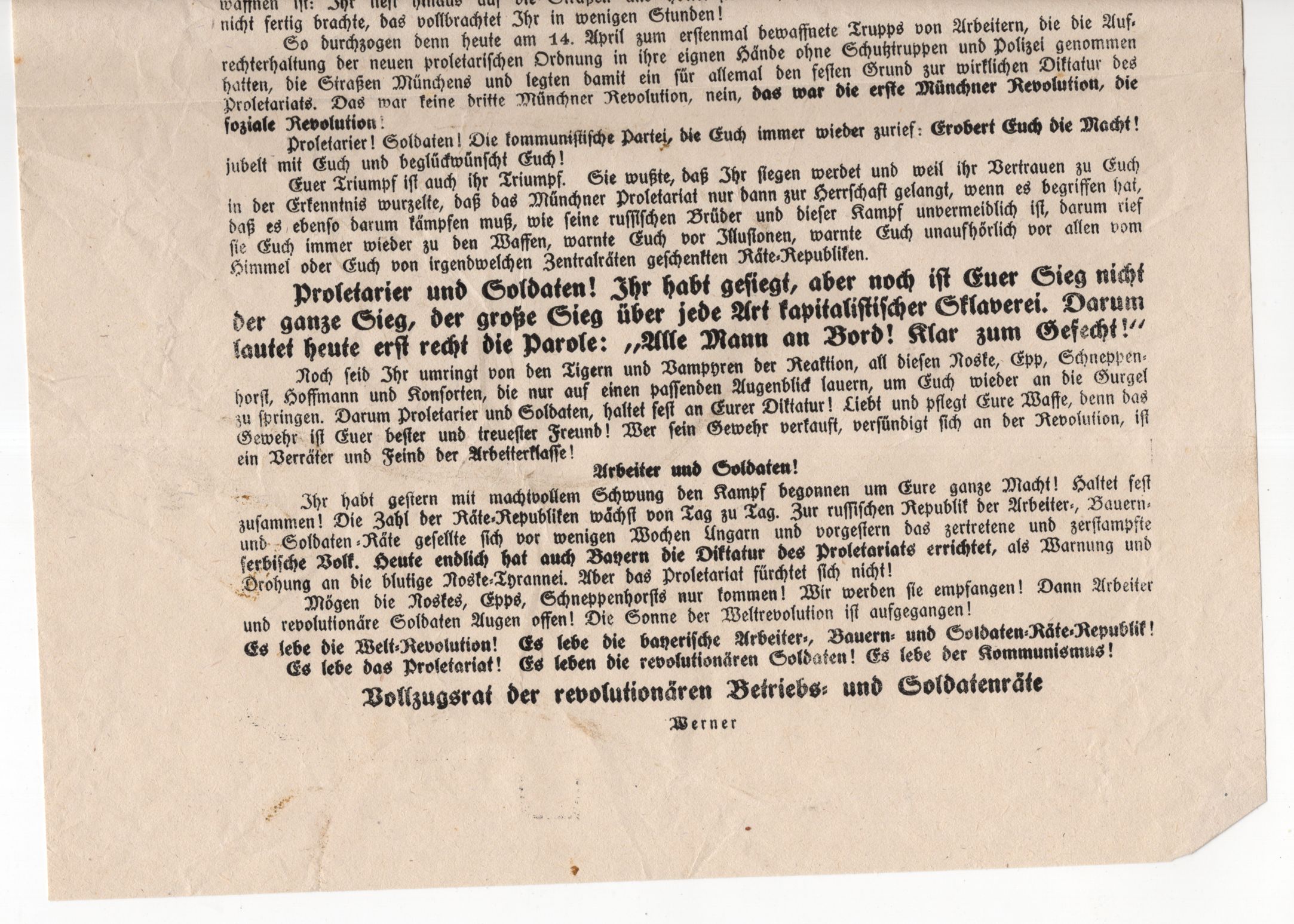 Politisches Flugblatt 1919 Proletarier KPD SPD Werner München Bahnhof gestürmt