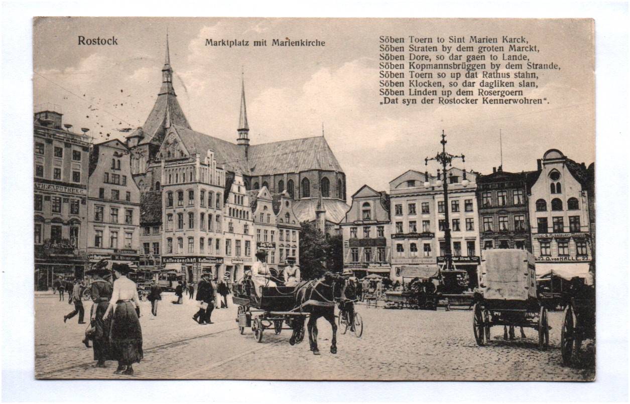 Ak Rostock Markplatz mit Marienkirche Kutschen 1918 Feldpost