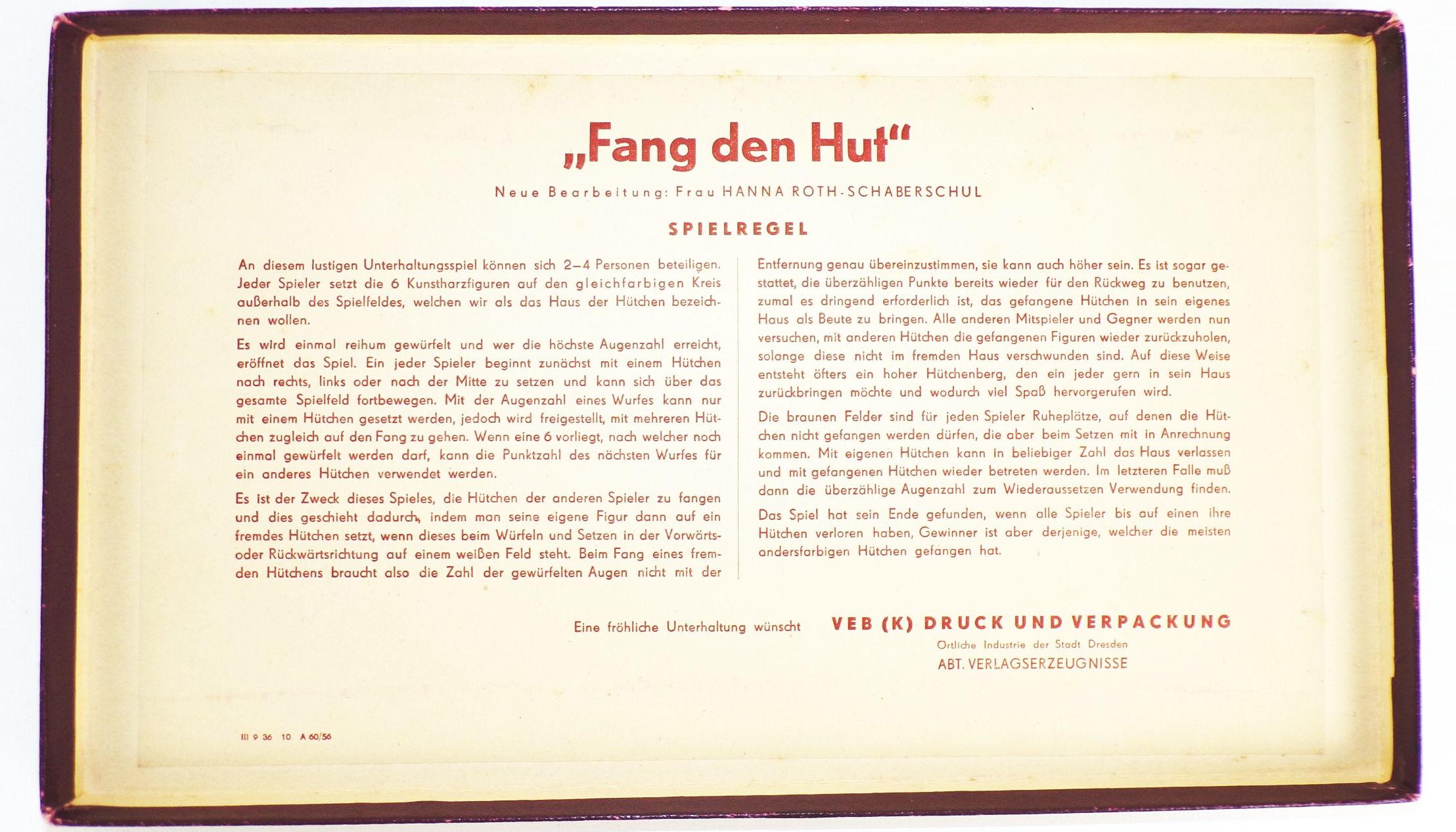 Fang den Hut DDR Brettspiel 1960 Hanna Roth Schaberschul 