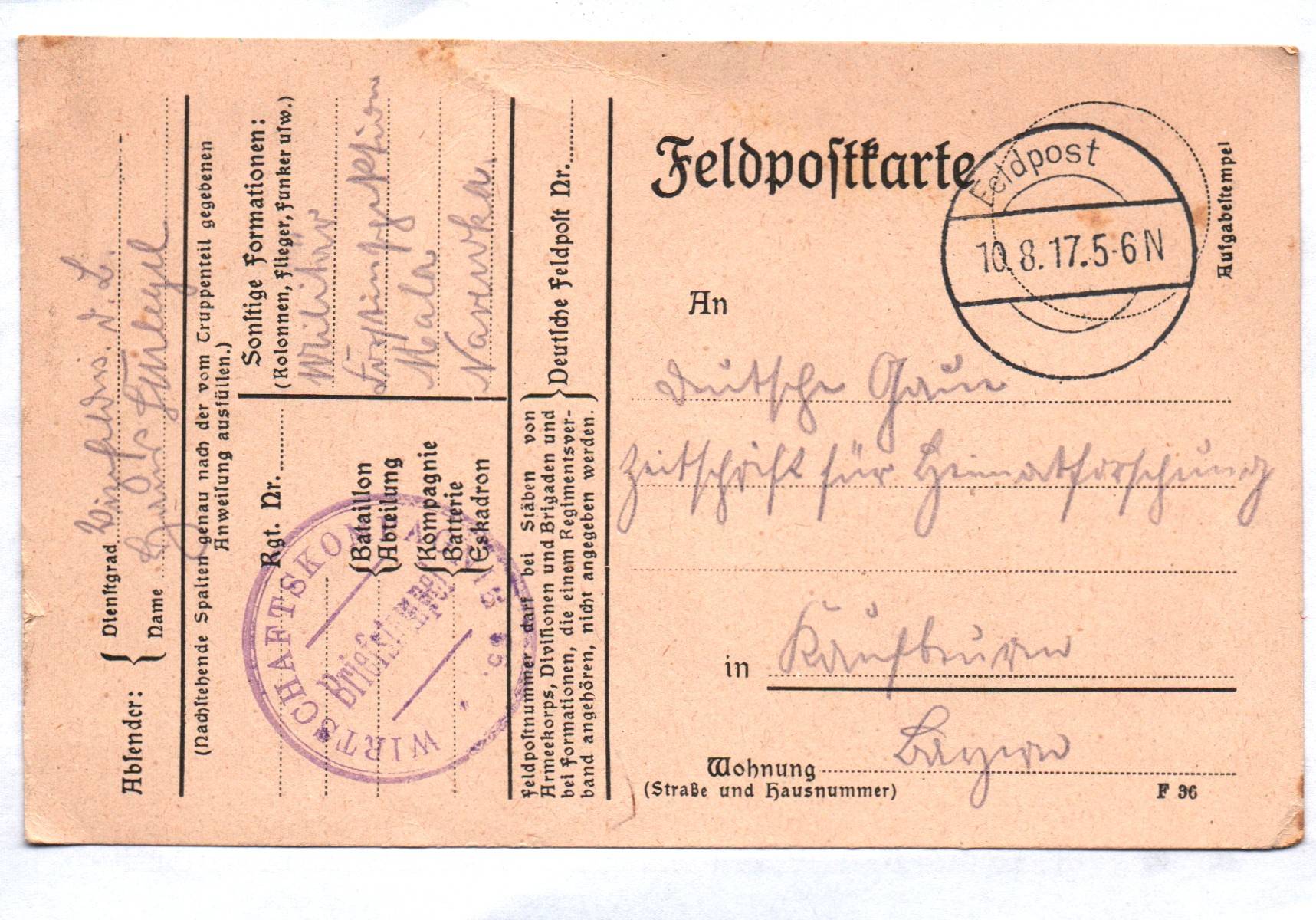 Feldpost Karte 1917 Wirtschaftskompanie Stempel
