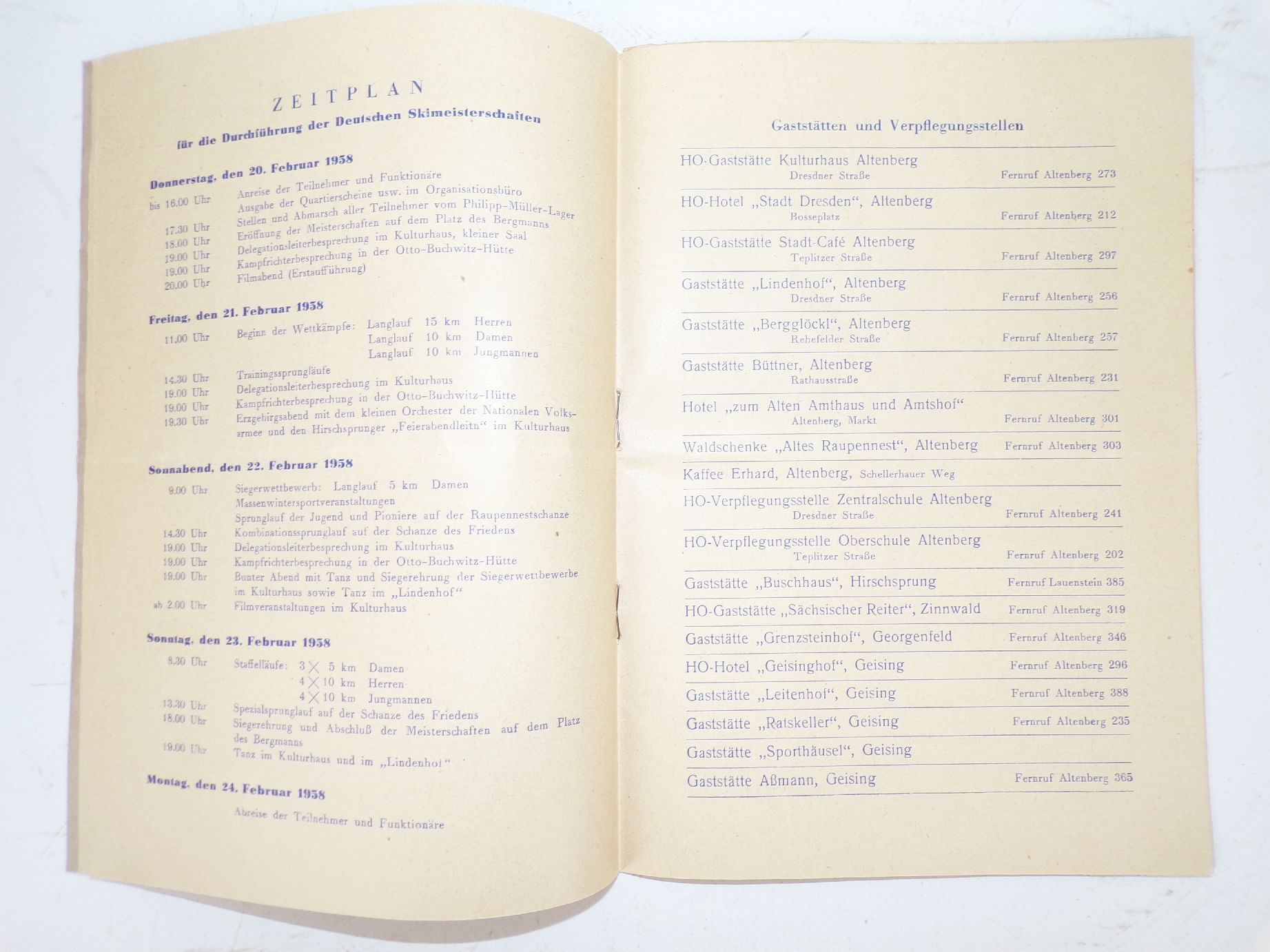 Programmheft Deutsche Ski Meisterschaften Altenberg 1958 Wintersport