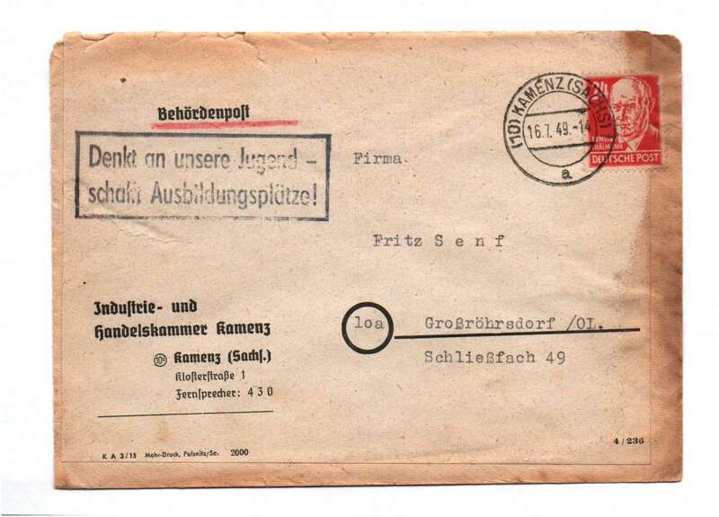 Brief 1949 Handelskammer Kamenz Stempel Denk an unsere Jugend Ausbildungsplätze 
