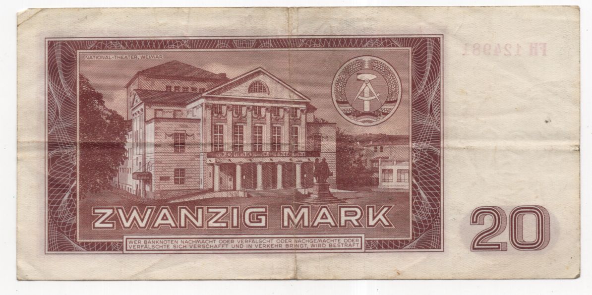 Alter Geldschein 20 Mark deutsche Notenbank DDR FH124981 Berlin 1964