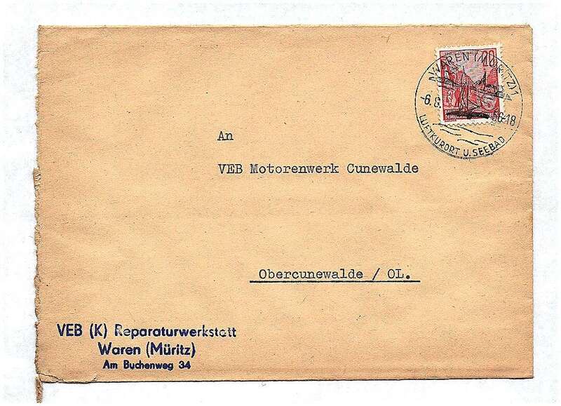 VEB K Reparaturwerkstatt Waren Müritz DDR 1956 Brief