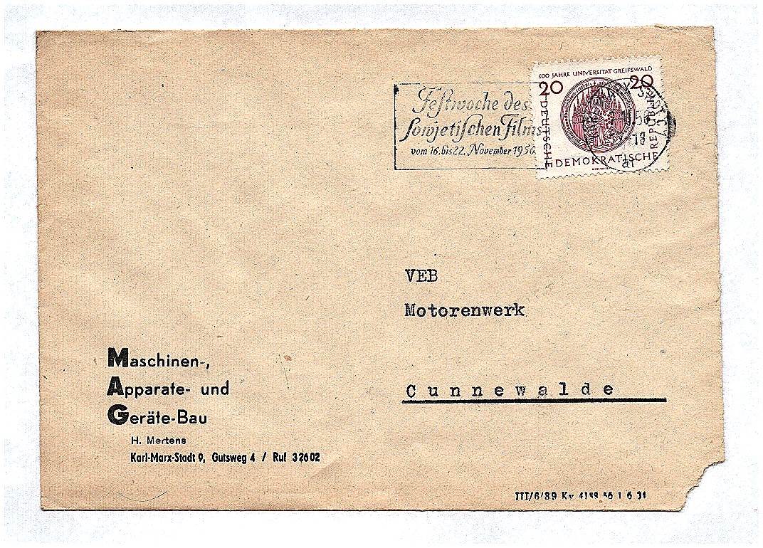 Briefkuvert 1957 Maschinen Apparatebau Karl Marx Stadt DDR