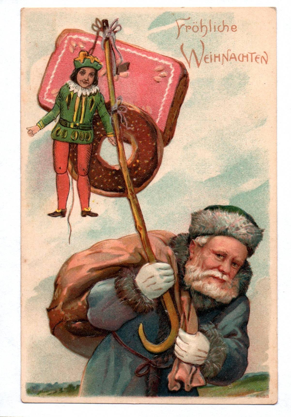 Präge Ak Weihnachtsmann blauer Mantel mit Lebkuchen und Hampelmann