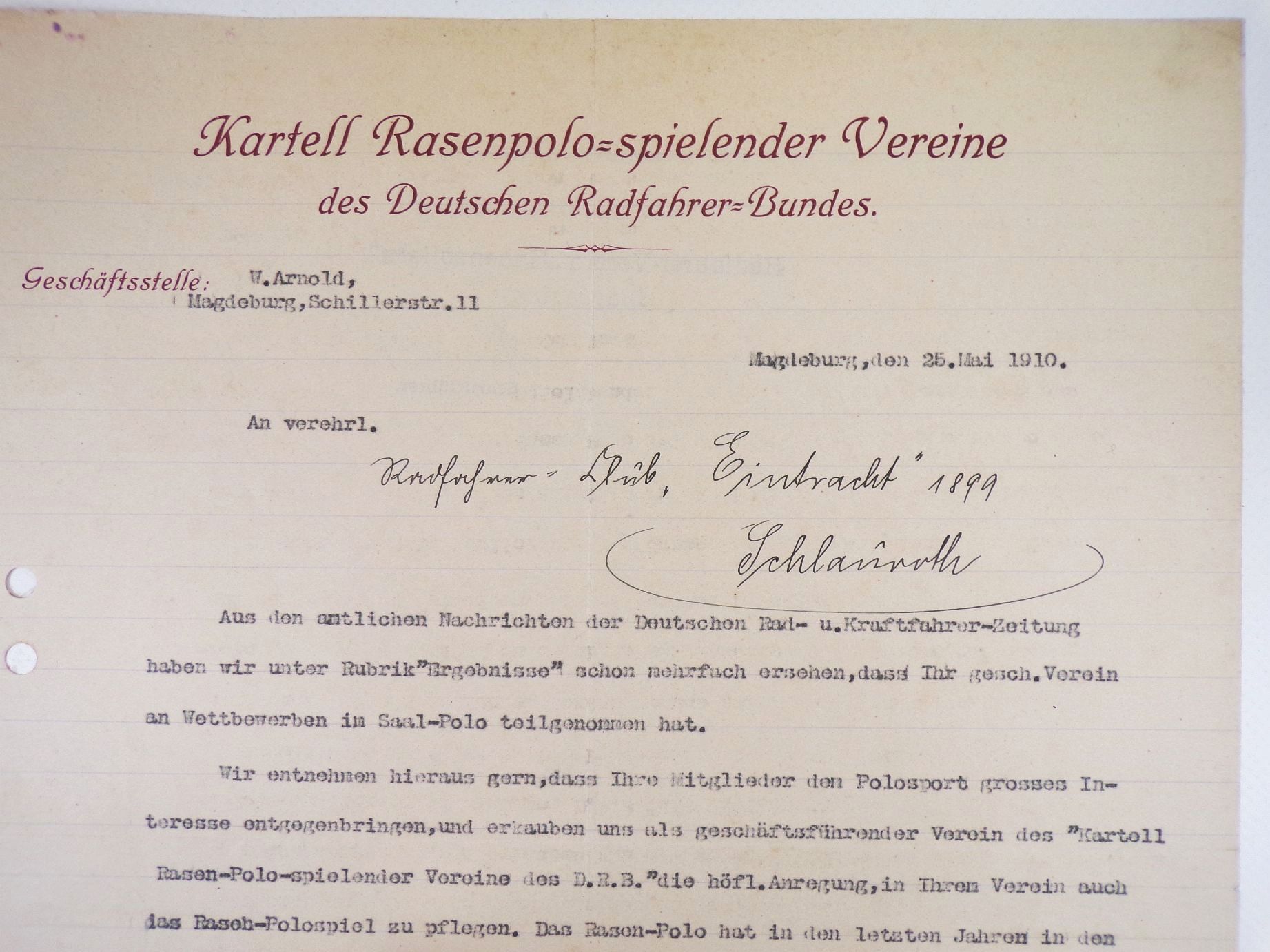 Dokument Kartell Rasenpolo spielender Verein Radfahrer Bund Magdeburg 1910 Dokument Kartell Rasenpolo spielender Verein Radfahrer Bund Magdeburg 1910