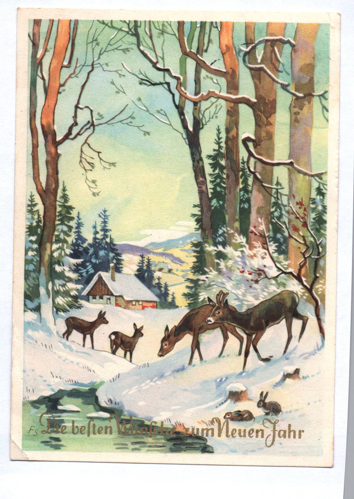Künstler Ak Rehe im Winter Neujahr Gruß F S signiert 1958 DDR