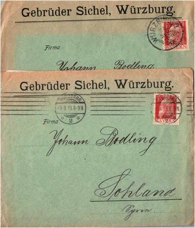 Lot Postkarten Briefe Gebrüder Sichel Würzburg Bayern Firmenlochung 1913