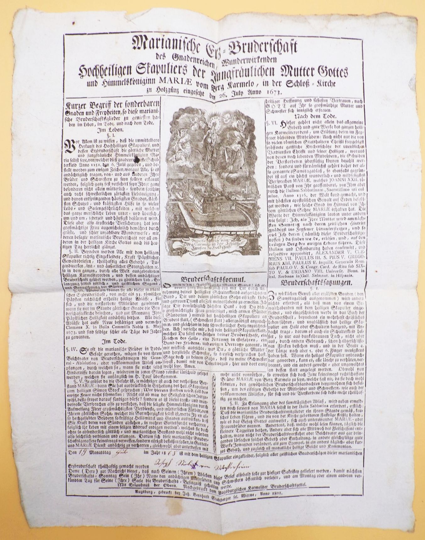 Dokument 1868 Betritt Marianische Erz Bruderschaft Schloßkirche Holzgünz