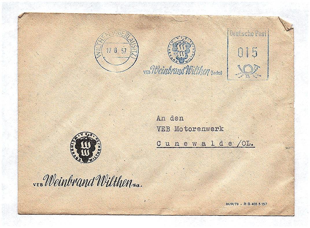 Brief 1957 VEB Weinbrand Wilthen DDR Sachsen